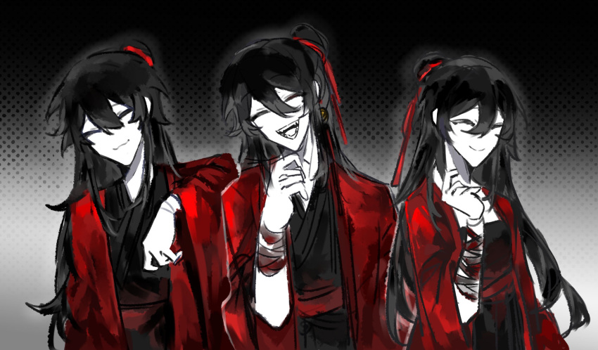 1girl, 2boys, arm_on_another's_shoulder, bandaged_arm, bandages, bei_feng, black_background, black_hair