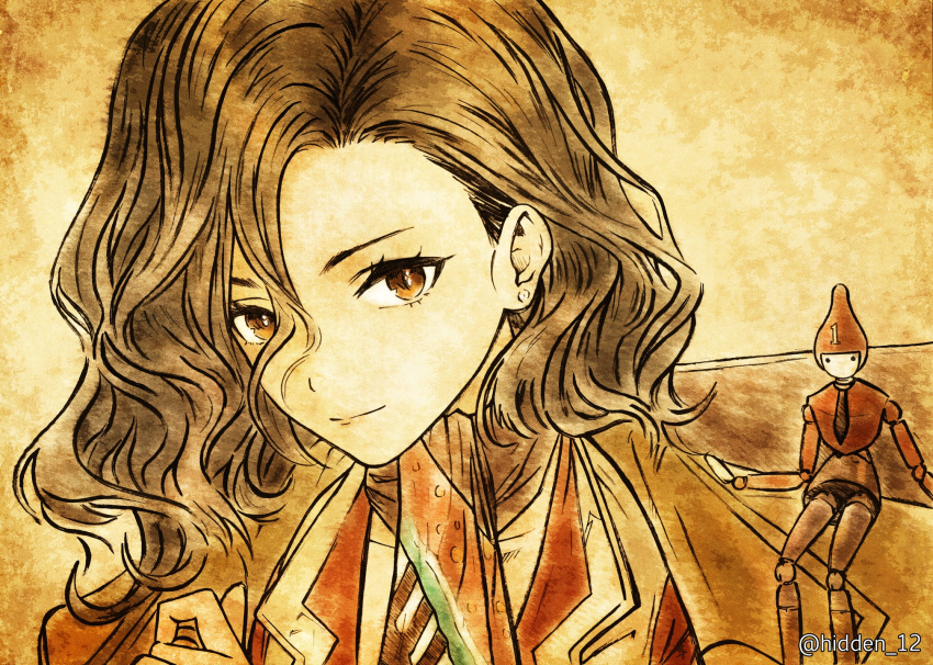 1girl, black_hair, black_neckerchief, brown_coat, closed_mouth, coat, hair_between_eyes, hand_up