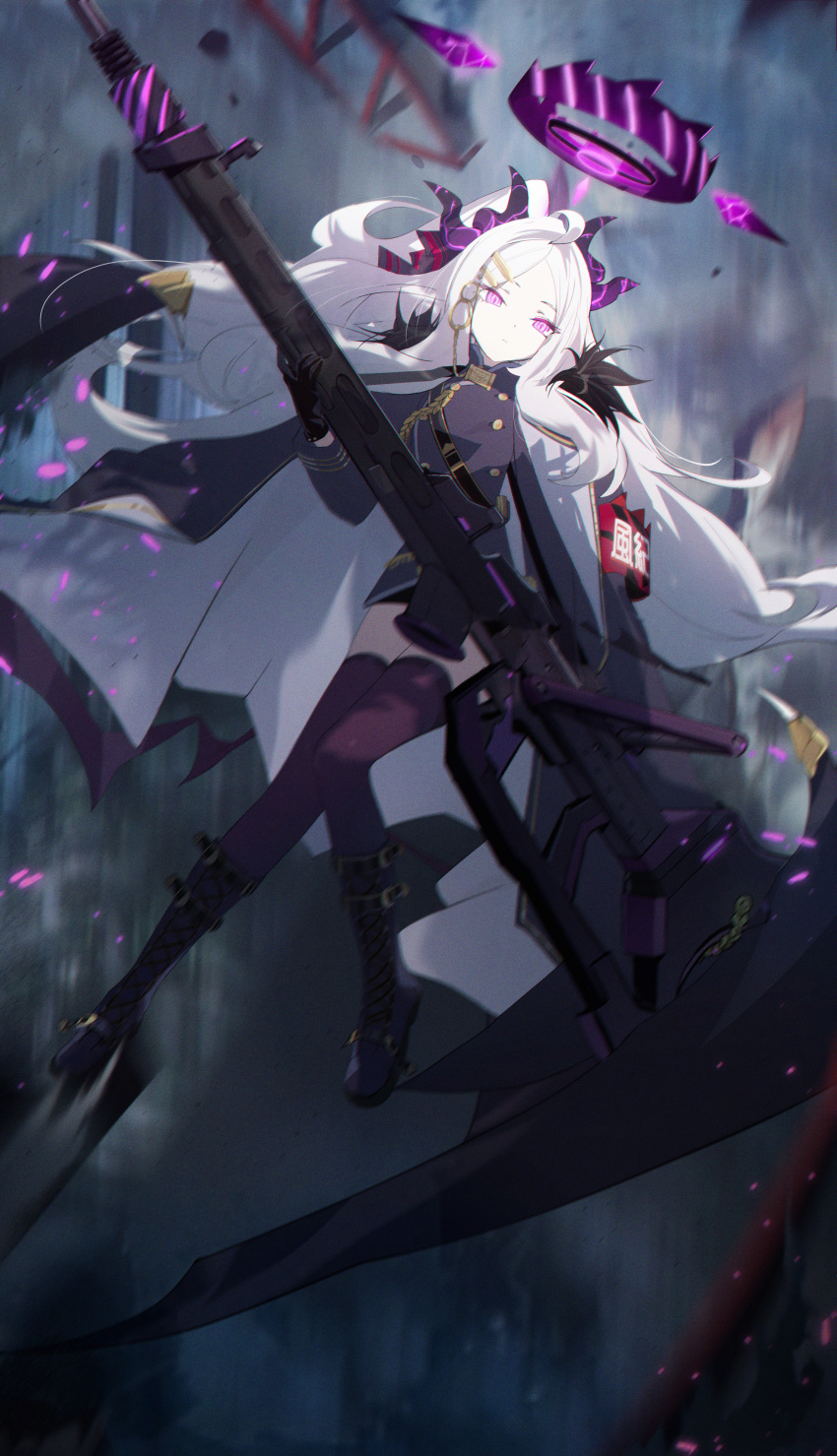 1girl, absurdres, ahoge, black_boots, black_coat, black_jacket, blue_archive, boots