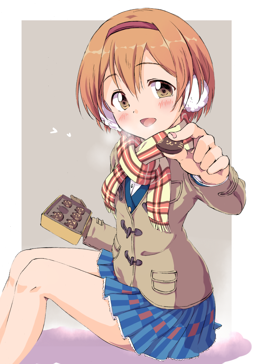 1girl, blue_skirt, blush, border, box, brown_jacket, cat-shaped_food, chocolate, earmuffs, food, grey_background, hairband, heart, highres, holding, holding_box, holding_chocolate, holding_food, hoshizora_rin, incoming_food, jacket, long_sleeves, looking_at_viewer, looking_to_the_side, love_live!, love_live!_school_idol_project, open_mouth, orange_hair, outside_border, plaid_clothes, plaid_scarf, pleated_skirt, red_hairband, scarf, sen_(sen0910), short_hair, sitting, skirt, smile, solo, white_border, winter_clothes, yellow_eyes