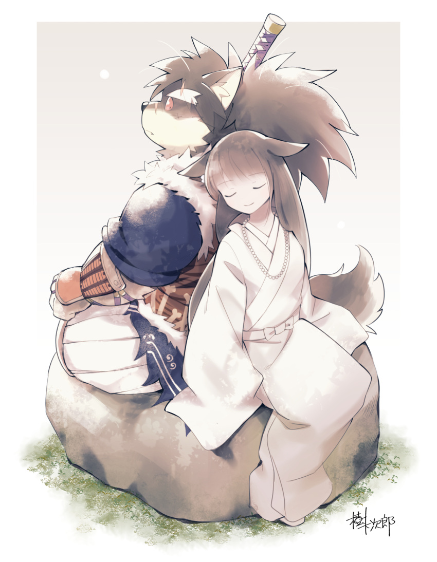 1boy, 1girl, animal_ears, armor, brown_fur, closed_eyes, closed_mouth, commentary_request