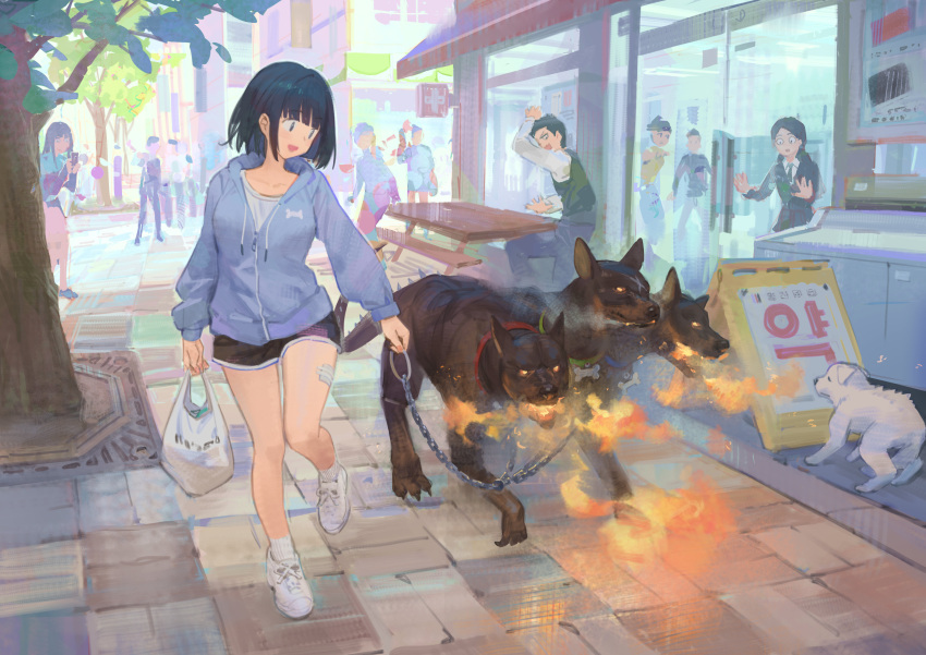 1girl, :d, absurdres, bag, black_hair, black_shorts, blue_eyes, blue_jacket