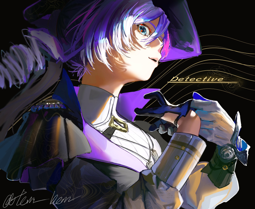 1girl, absurdres, adjusting_clothes, adjusting_gloves, asymmetrical_gloves, black_background, black_gloves, black_hat