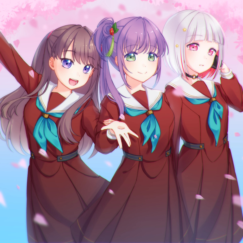 3girls, :d, \||/, absurdres, aqua_neckerchief, arm_at_side, arm_up, beckoning, black_choker, black_gloves, blue_background, blurry, blurry_foreground, bob_cut, brown_dress, brown_hair, cherry_blossoms, chinese_commentary, choker, closed_mouth, colored_inner_hair, commentary_request, cowboy_shot, depth_of_field, dress, falling_petals, flower, fujishima_megumi, gloves, gorilla-chan_(axpdxsyc0222), green_eyes, group_picture, hair_bun, hair_flower, hair_ornament, hand_up, hasu_no_sora_school_uniform, highres, holding_another's_arm, inverted_bob, link!_like!_love_live!, long_hair, long_sleeves, looking_ahead, love_live!, medium_dress, multicolored_hair, multiple_girls, neckerchief, o-ring, o-ring_choker, open_mouth, otomune_kozue, parted_lips, petals, pink_eyes, pink_petals, pleated_dress, purple_hair, red_flower, red_hair, sailor_collar, sailor_dress, school_uniform, short_hair, side-by-side, side_ponytail, single_side_bun, sleeve_cuffs, smile, split_mouth, spring_(season), standing, star_(symbol), star_hair_ornament, tassel, tassel_hair_ornament, tucking_hair, two_side_up, violet_eyes, virtual_graduation_commemoration, white_hair, white_sailor_collar, white_sleeve_cuffs, winter_uniform, yugiri_tsuzuri