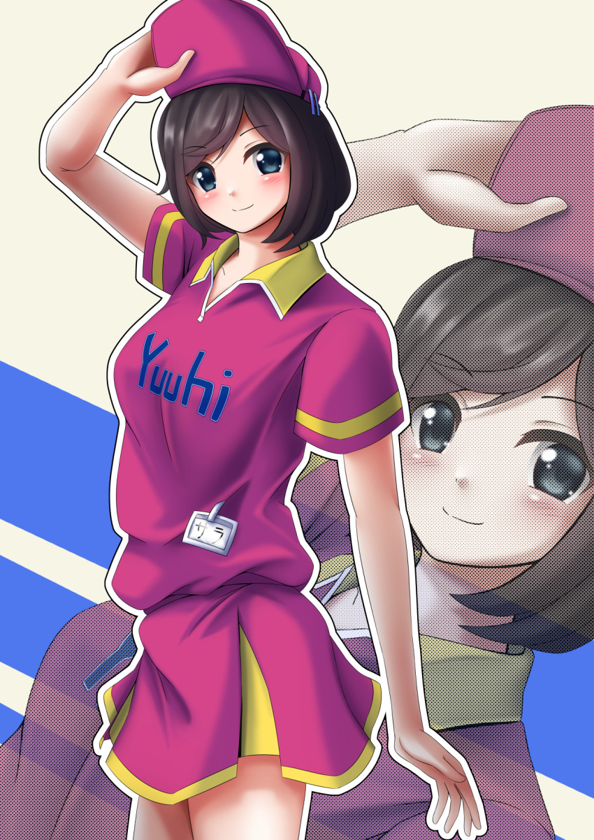 1girl, adjusting_clothes, adjusting_headwear, arm_up, ballpark_de_tsukamaete!, blush, breasts, chooper, hat, highres, id_card, looking_at_viewer, miniskirt, pink_hat, pink_shirt, pink_skirt, shirt, short_hair, short_sleeves, skirt, small_breasts, smile, takahashi_sara, zoom_layer