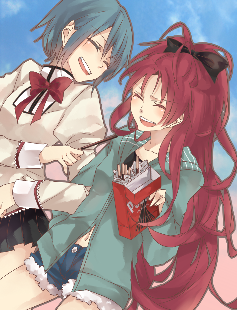 blue_hair, eyes_closed, long_hair, mahou_shoujo_madoka_magica, makita_moyushi, miki_sayaka, multiple_girls, pocky