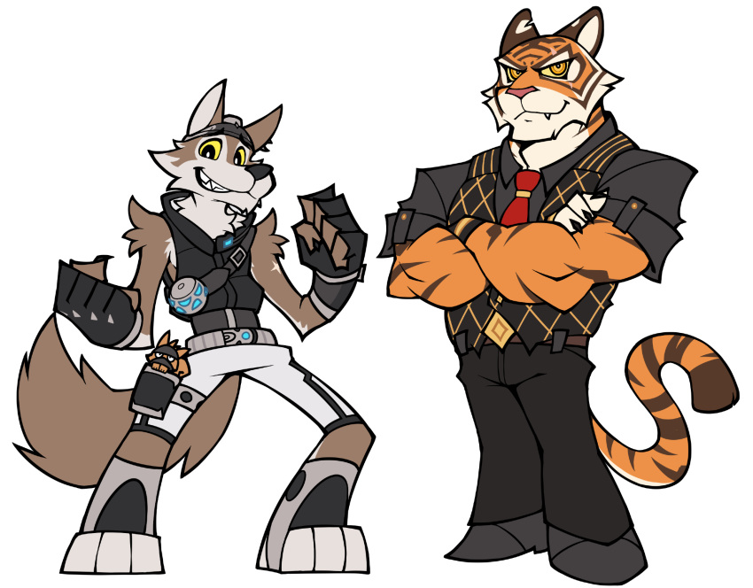 2boys, animal_ears, black_gloves, claws, closed_mouth, english_commentary, fang, fang_out, fingerless_gloves, fortnite, furry, furry_male, gloves, highres, looking_at_viewer, male_focus, multiple_boys, oscar_(fortnite), panty_&amp;_stocking_with_garterbelt, parody, smile, squirrel, squirrel_tail, style_parody, tail, tiger_boy, tiger_ears, tiger_stripes, tiger_tail, utakoloid_(myiko), walnut_(fortnite), wendell_(fortnite), white_background, wolf_boy, wolf_ears, wolf_tail