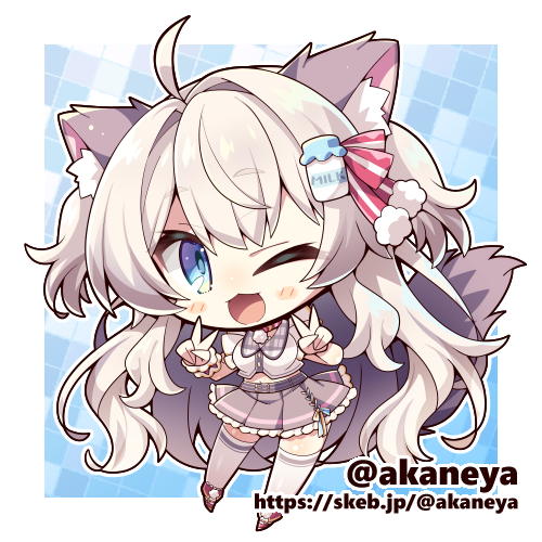 1girl, :3, ;d, ahoge, akaneya, animal_ear_fluff, animal_ears, blue_background