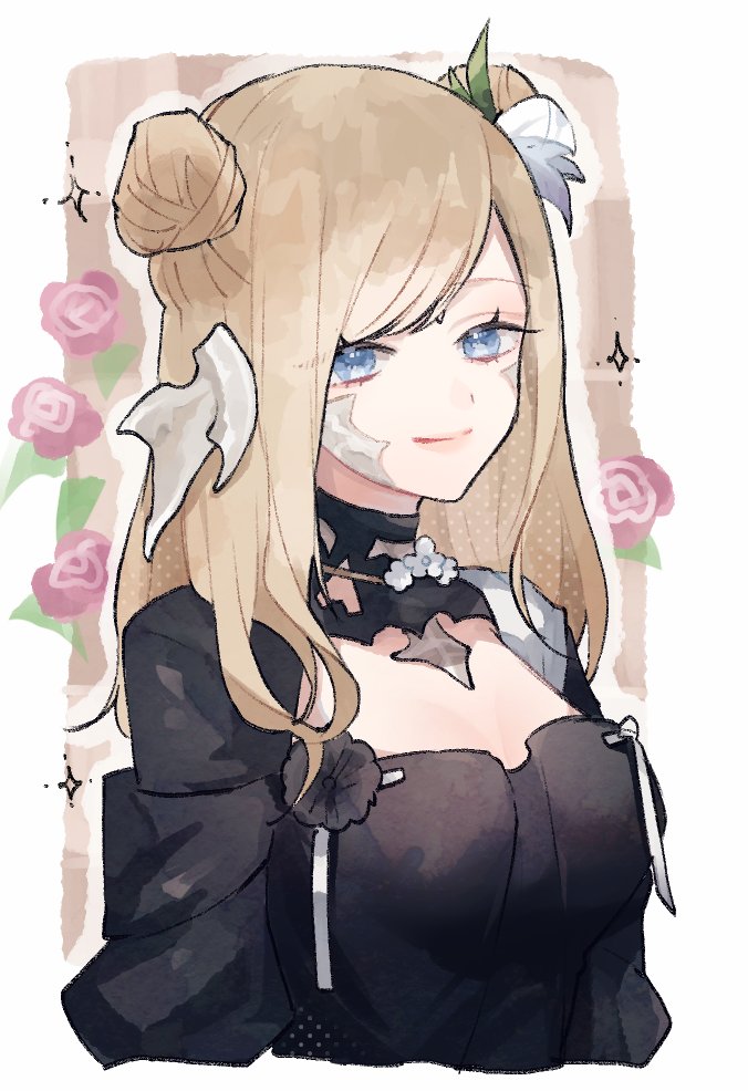 1girl, au_ra, black_dress, blonde_hair, blue_eyes, cleavage_cutout, clothing_cutout, dragon_girl