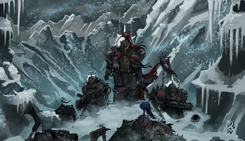 6+boys, absurdres, adeptus_custodes, armor, artist_logo, axe, banner, battle_standard