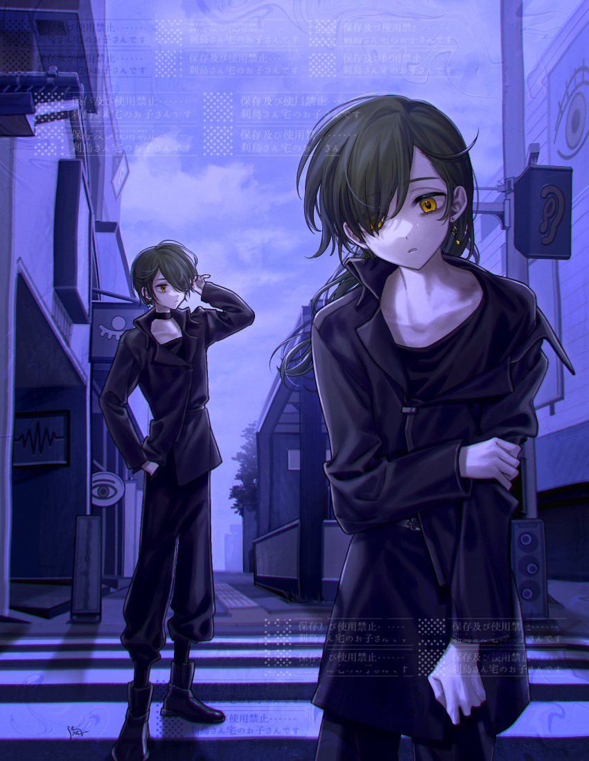 1boy, 1girl, arm_up, black_boots, black_choker, black_coat, black_hair, black_pants