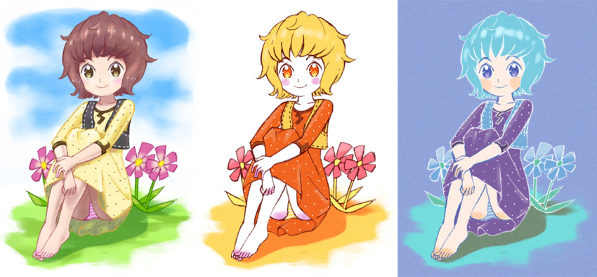 comparison, copyright_request, feet, flower, leg_hug, panties, pantyshot, pantyshot_(sitting)