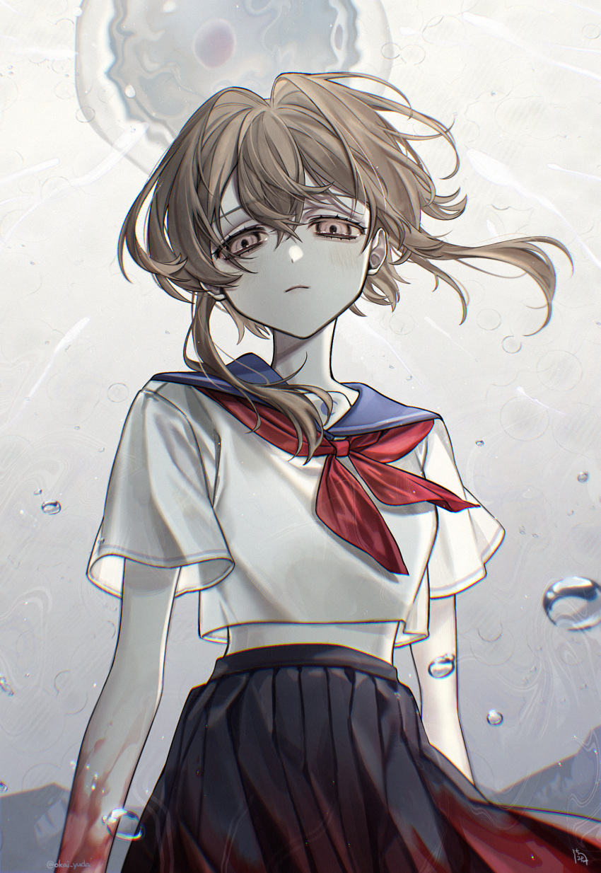 1girl, black_skirt, blood, blood_on_arm, blood_on_clothes, blue_sailor_collar, brown_eyes, brown_hair