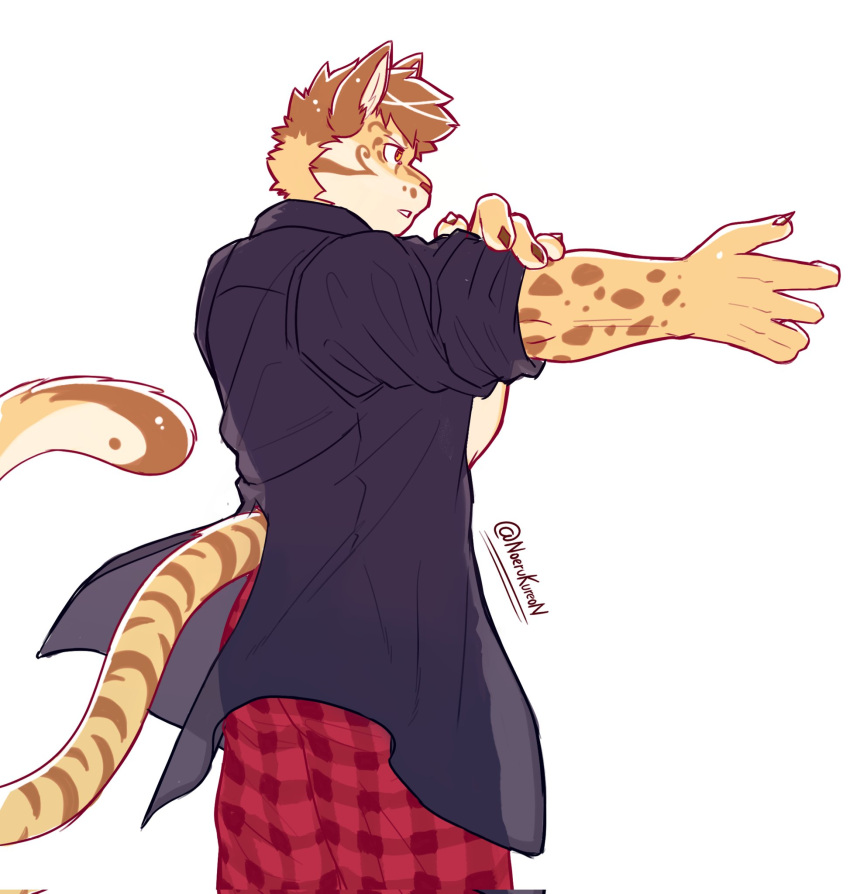 1boy, animal_ears, artist_name, black_coat, checkered_clothes, checkered_pants, claws, coat