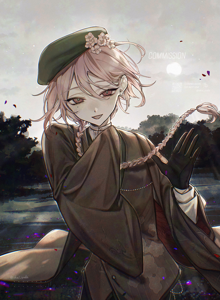 1boy, beret, black_gloves, black_haori, braid, brown_vest, chromatic_aberration, commission, dress_shirt, earrings, falling_petals, floral_print_vest, flower, gloves, green_hat, grey_sky, hair_flower, hair_ornament, haori, hat, highres, japanese_clothes, jewelry, long_hair, male_focus, mole, mole_under_eye, okai_yuda, open_mouth, original, otoko_no_ko, outdoors, petals, pink_eyes, pink_hair, shirt, shosei, single_braid, sky, sleeves_past_fingers, sleeves_past_wrists, smile, vest, waving, white_shirt