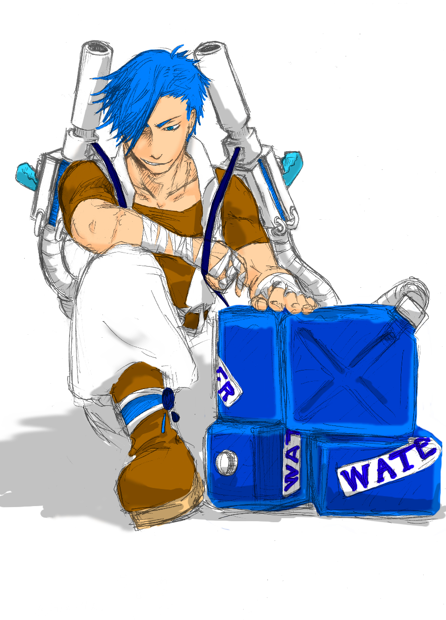 1boy, arm_on_knee, arm_on_own_leg, arm_rest, backpack_cannon, bandaged_arm, bandaged_hand, bandaged_wrist, bandages, blastoise, blue_eyes, boots, brown_boots, brown_shirt, canister, cannon, cargo_pants, collarbone, drop_shadow, elbow_on_knee, elbow_on_leg, elbow_rest, facing_to_the_side, free_clown, gas_can, grin, gun_sling, hair_over_one_eye, high_contrast, highres, holding, holding_hose, hose, hose_nozzle, knees_up, looking_down, looking_to_the_side, male_focus, mature_male, on_ground, open_clothes, open_vest, over_shoulder, pants, parted_hair, personification, pokemon, popped_collar, shirt, shoulder_cannon, sitting, sketch, smile, vest, water_gun, weapon, weapon_on_back, weapon_over_shoulder, white_background, white_pants, white_vest