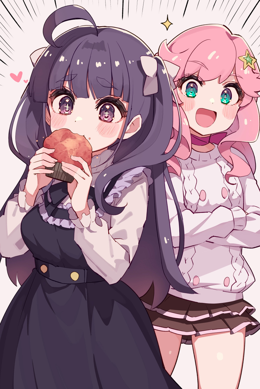 2girls, absurdres, ahoge, blush_stickers, brown_skirt, chofu_noriko, commentary_request, cream_(nipakupa)