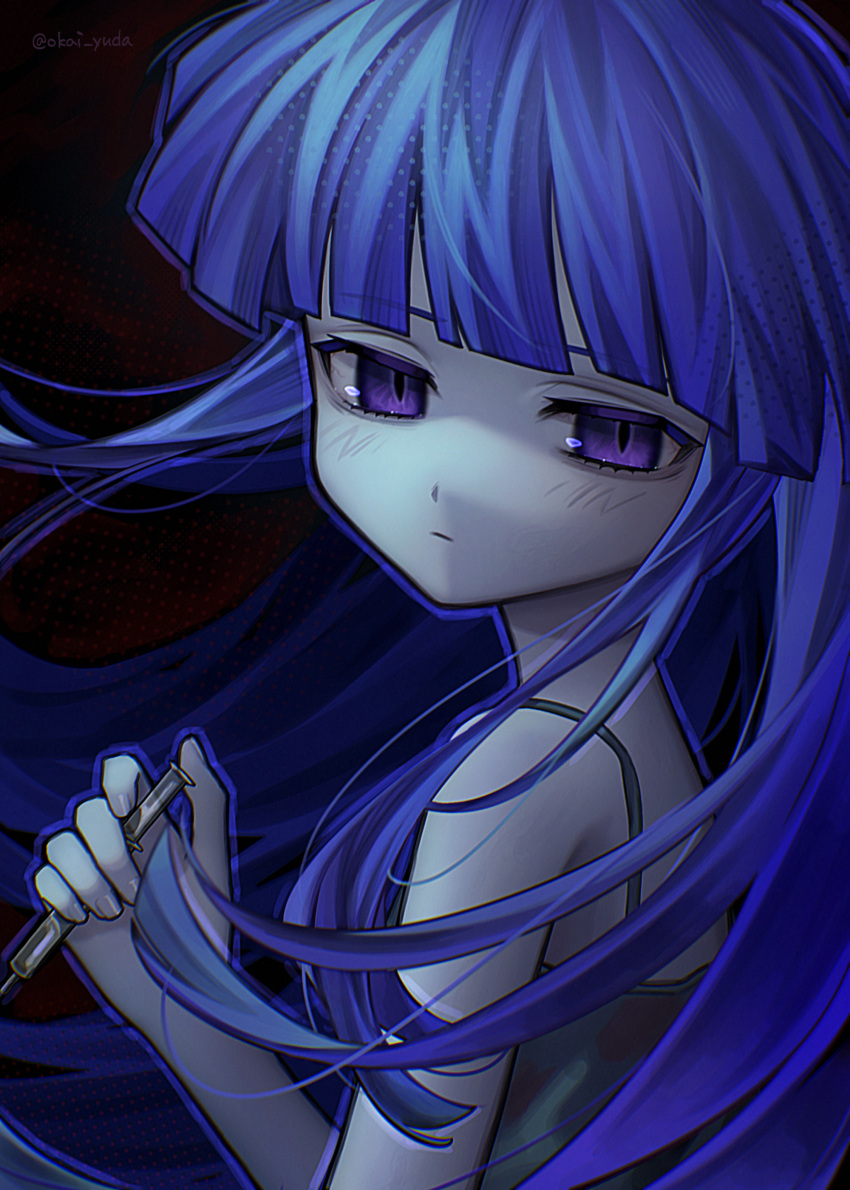 1girl, absurdres, bare_shoulders, blue_dress, blue_hair, blunt_bangs, closed_mouth, dress