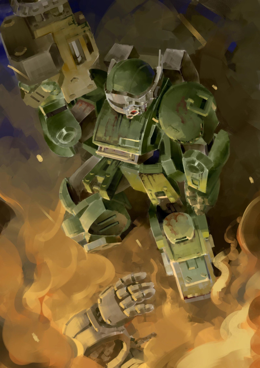 arm_up, armored_trooper, burning, ephe99261012, gun, highres, holding, holding_gun