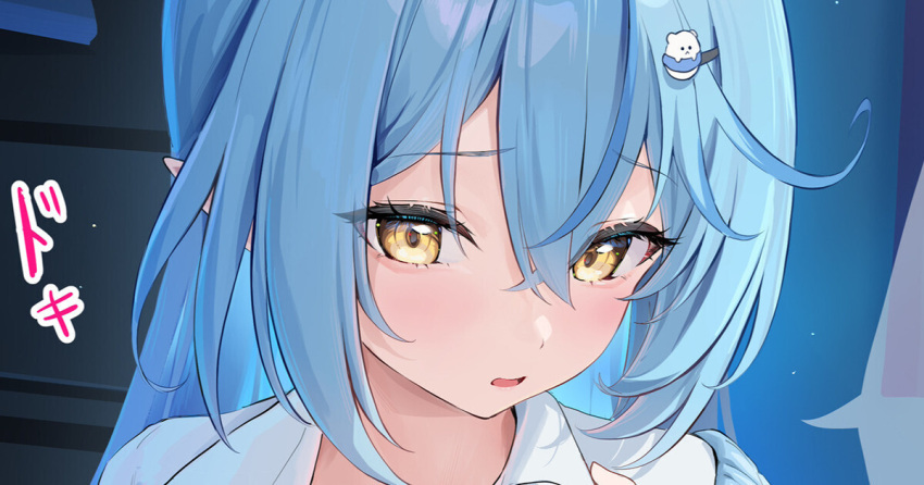 1girl, blue_hair, blush, commentary_request, cropped, crossed_bangs, hair_ornament, hololive