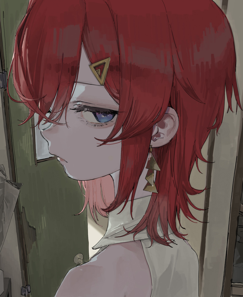 1girl, 87yanagi, ange_katrina, ange_katrina_(2nd_costume), blue_eyes, closed_mouth, collared_shirt, door