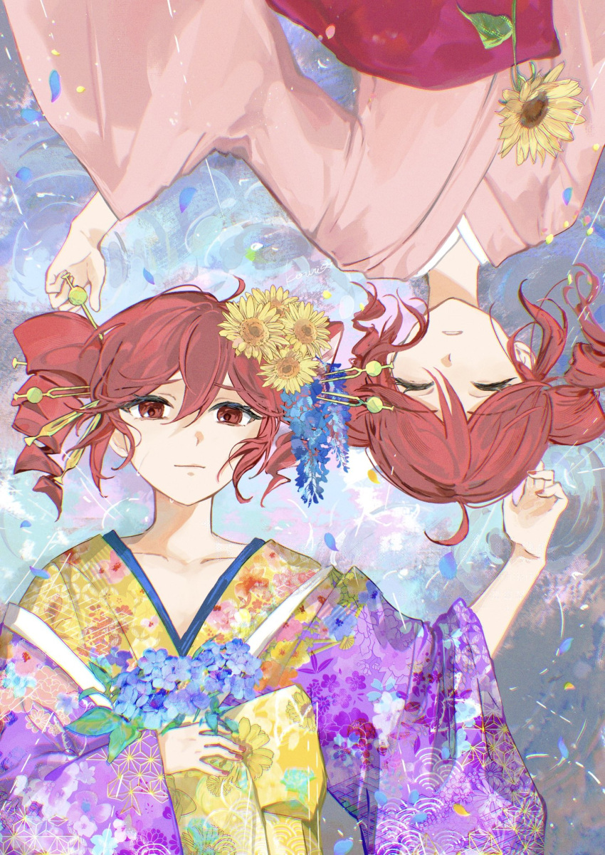 2girls, ahoge, alternate_costume, blue_kimono, closed_eyes, collarbone, drill_hair, dual_persona