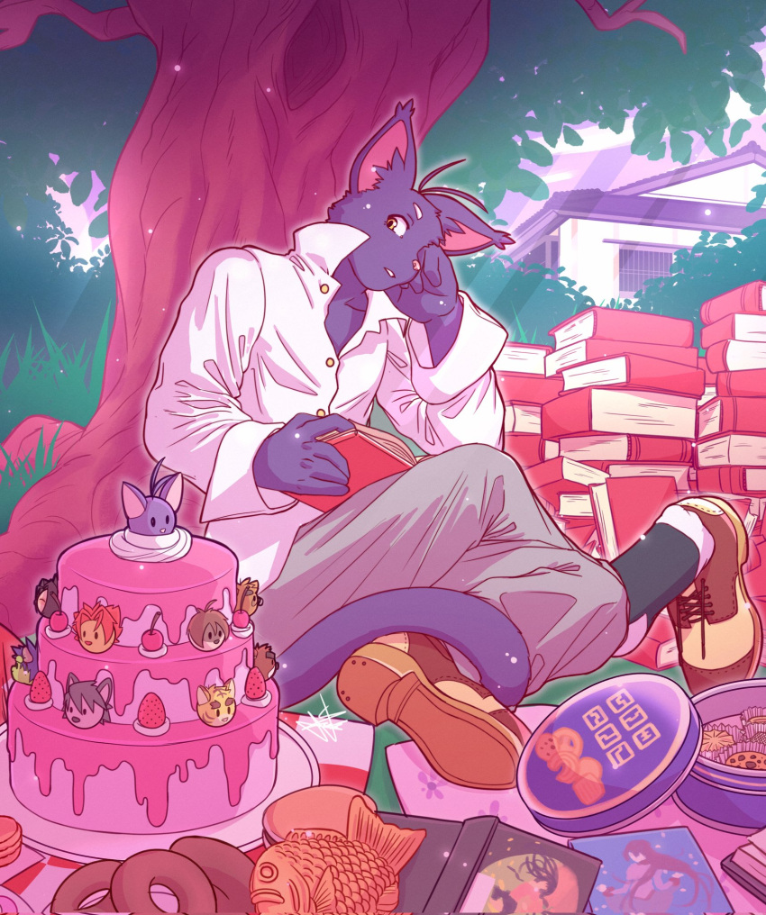 1boy, ahoge, animal_ears, book, book_stack, brown_shoes, cake, cat_boy