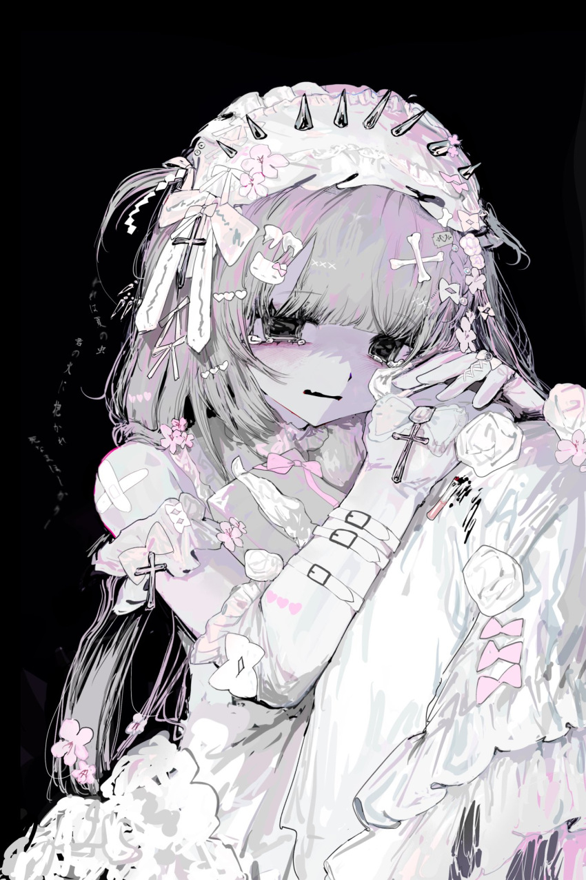1girl, black_background, bone_hair_ornament, dress, elbow_gloves, flower, gloves, grey_hair