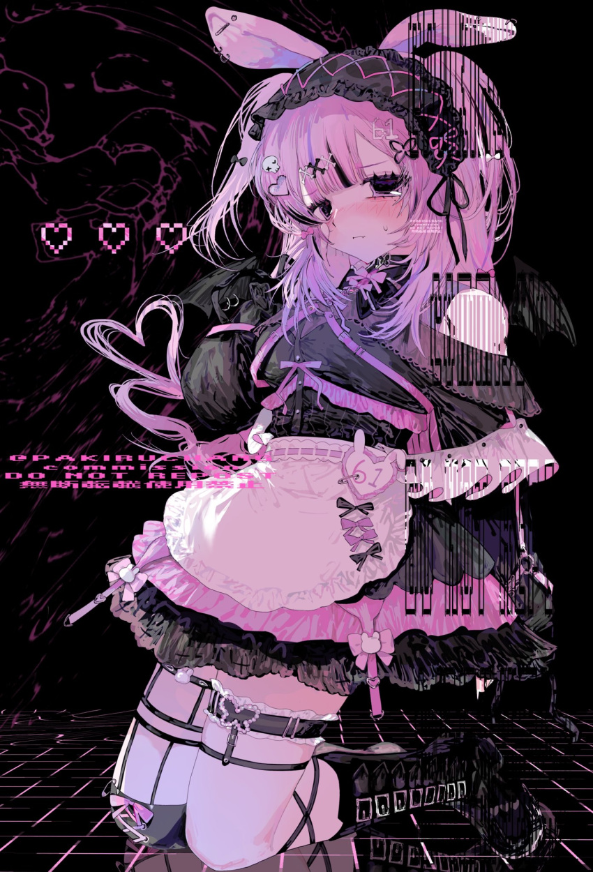 1girl, animal_ears, apron, black_boots, black_eyes, black_headdress, boots, closed_mouth, commission, full_body, highres, kneeling, long_hair, maid, maid_apron, original, pakiruchang, pink_hair, rabbit_ears, skeb_commission, solo, thigh-highs, white_thighhighs