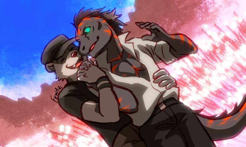 2boys, artist_name, closed_eyes, echo_(visual_novel), echo_project, facing_another, fang, flynn_moore