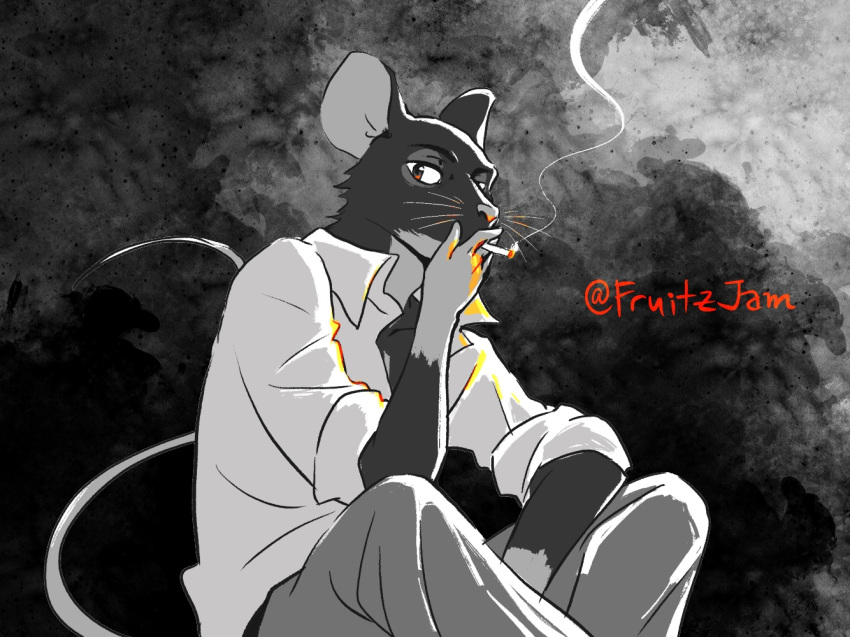 1boy, animal_ears, artist_name, cigarette, english_commentary, fruitz_(fruitzjam), furry, furry_male, looking_at_viewer, male_focus, mouse_boy, mouse_ears, mouse_tail, ralph_(the_smoke_room), smoke, smoking, tail, the_smoke_room, twitter_username, whiskers