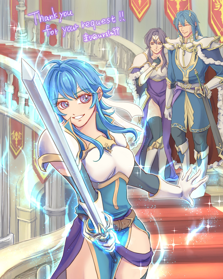 1boy, 2girls, aged_up, ahoge, armor, armored_boots, banner, belt