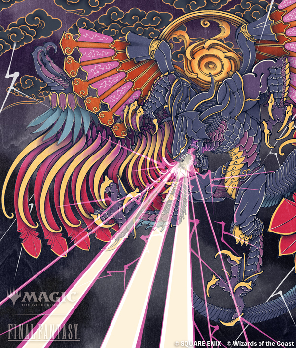 bahamut_(final_fantasy), breath_weapon, claws, copyright_name, copyright_notice, dragon, energy_beam, final_fantasy, final_fantasy_x, full_body, horns, lightning, magic:_the_gathering, nakatsubo_kota, no_humans, official_art, purple_lightning, scales, solid_eyes, solo, storm_cloud, tail, white_eyes, wings