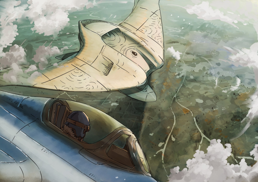 1boy, above_clouds, aircraft, airplane, aviator_cap, aviator_goggles, clouds, ephe99261012