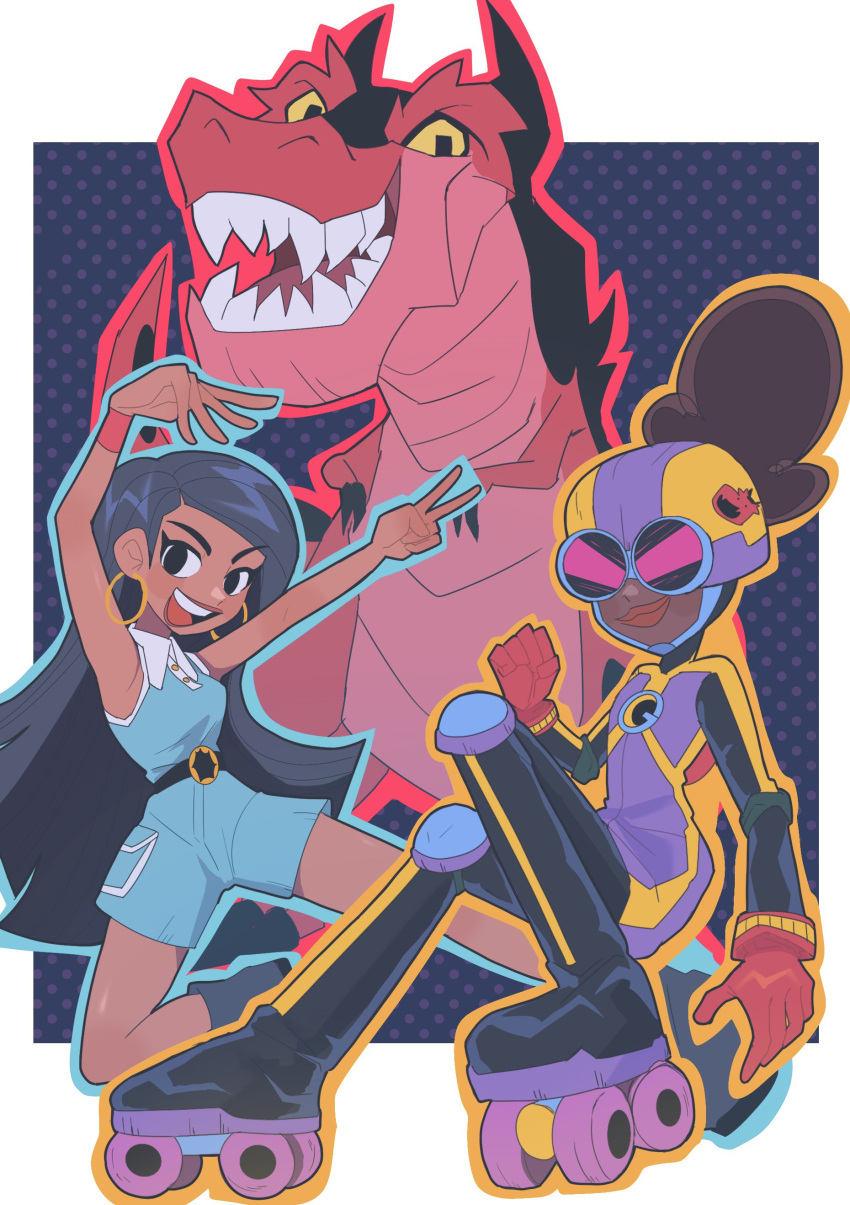 1boy, 2girls, absurdres, animification, belt, black_hair, boots, casey_calderon