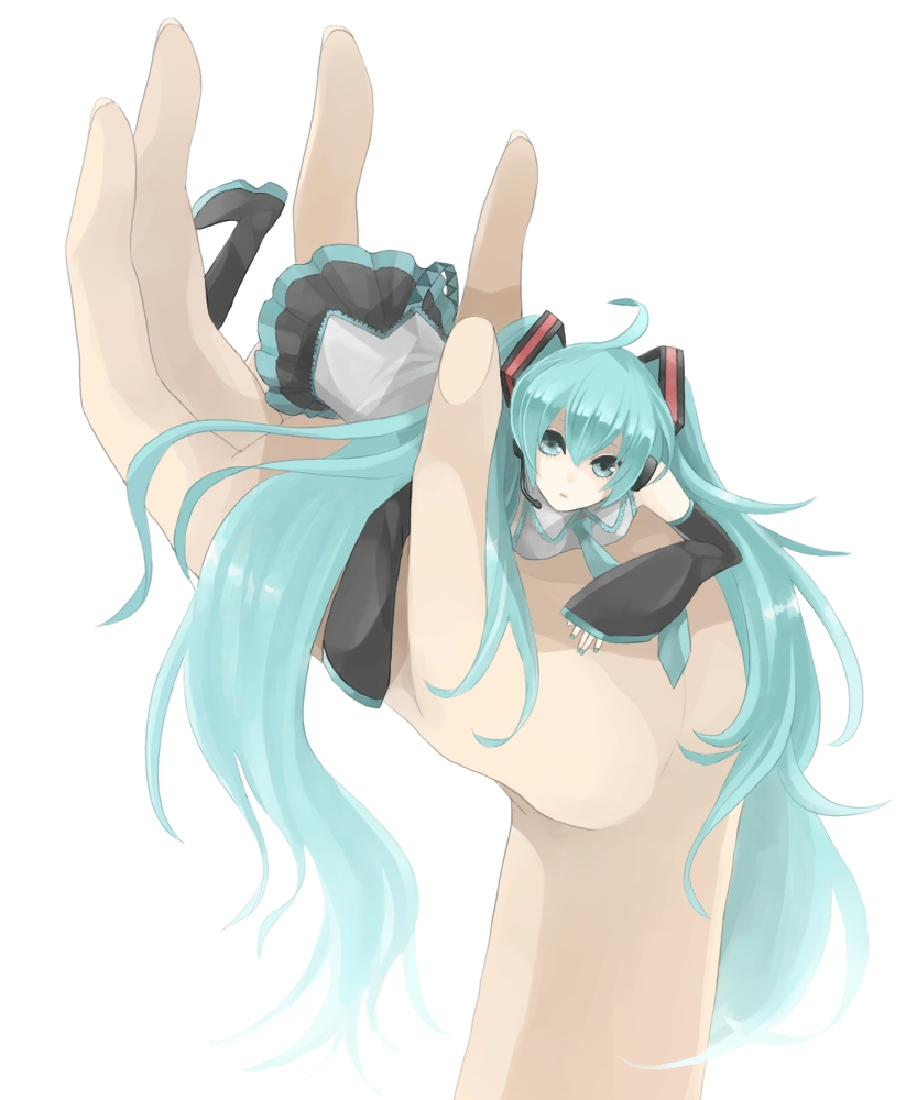 aqua_eyes, aqua_hair, bad_id, detached_sleeves, hands, hatsune_miku, in_palm, long_hair