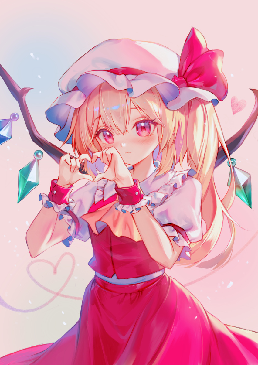 1girl, ascot, blonde_hair, blush, closed_mouth, commentary, crystal, crystal_wings