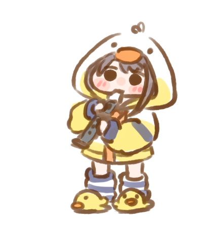 1girl, animal_slippers, black_hair, blush, chibi, duck_hood, duck_slippers, flute