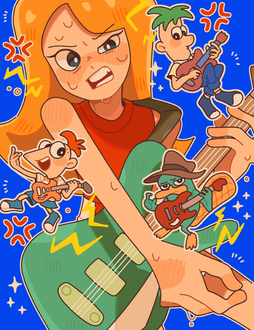 1girl, 3boys, anger_vein, animification, astrosleep, bass_guitar, blue_eyes, brown_hair