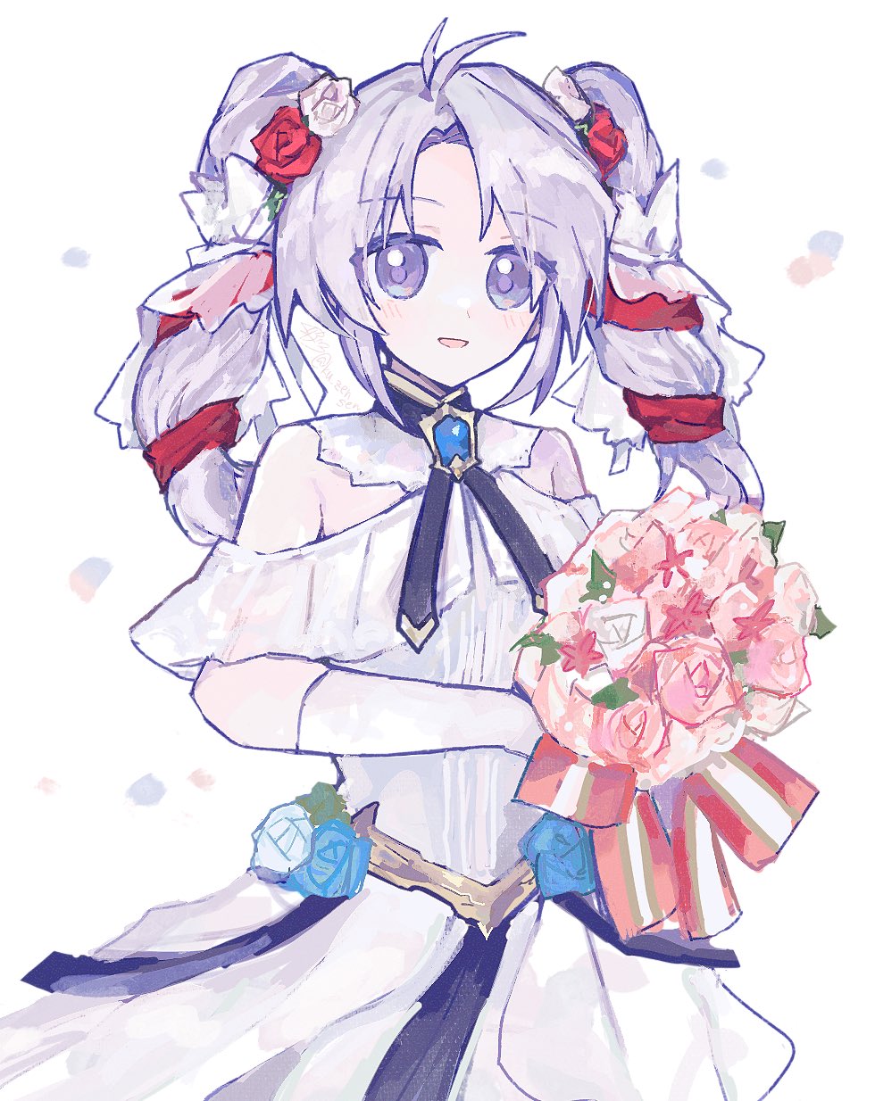1girl, :d, bare_shoulders, bouquet, bride, dress, fire_emblem, fire_emblem:_genealogy_of_the_holy_war