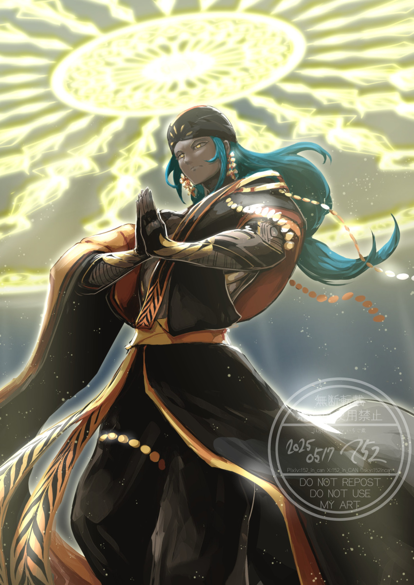 152_in_can, 1boy, absurdres, ashoka_(fate), black_turban, blue_hair, dark-skinned_male, dark_skin