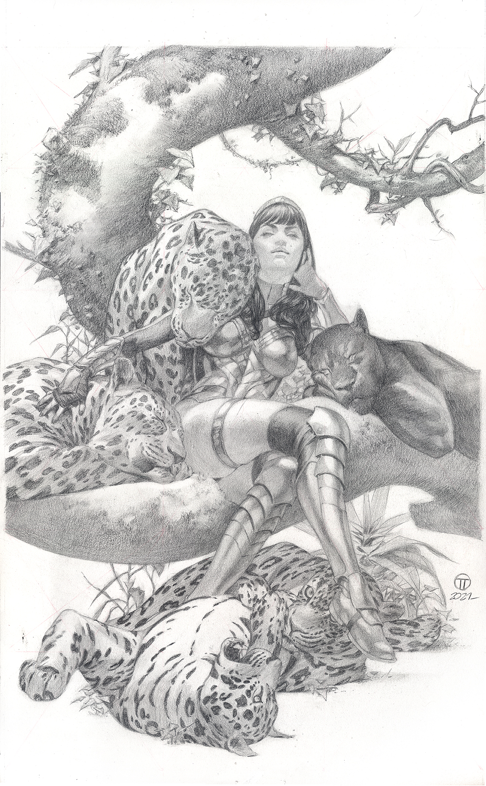 animal, armor, armored_boots, bindweed, black_fur, black_hair, boots, bracelet, branch, breasts, closed_eyes, crossed_legs, curly_hair, dc_comics, fingerless_gloves, flower, gauntlets, gloves, greyscale, hair_over_shoulder, hairband, highres, in_tree, jaguar, jewelry, julian_totino_tedesco, jungle, knee_pads, leaf, leotard, long_hair, long_sleeves, looking_at_viewer, lying, monochrome, moss, nature, on_back, on_ground, open_mouth, panther, petting, simple_background, sitting, sitting_in_tree, sleeping, sleeping_on_tree, slit_pupils, thigh-highs, thighhighs_under_boots, tree, turtleneck, two-tone_fur, white_background, white_fur, yara_flor