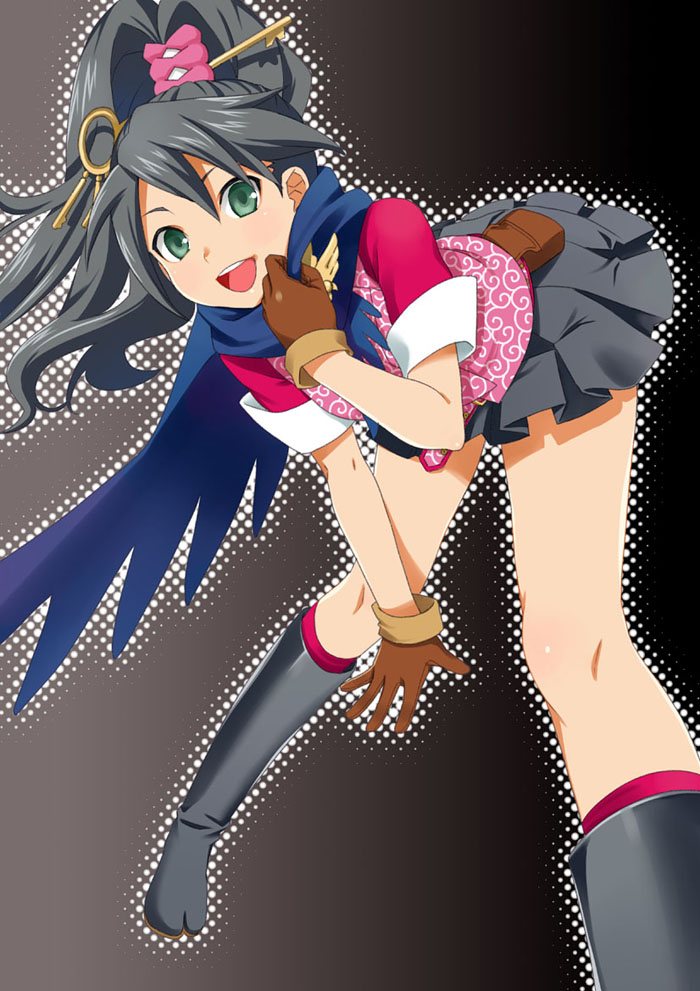 bad_id, bag, bent_over, black_background, black_boots, black_hair, blush, boots