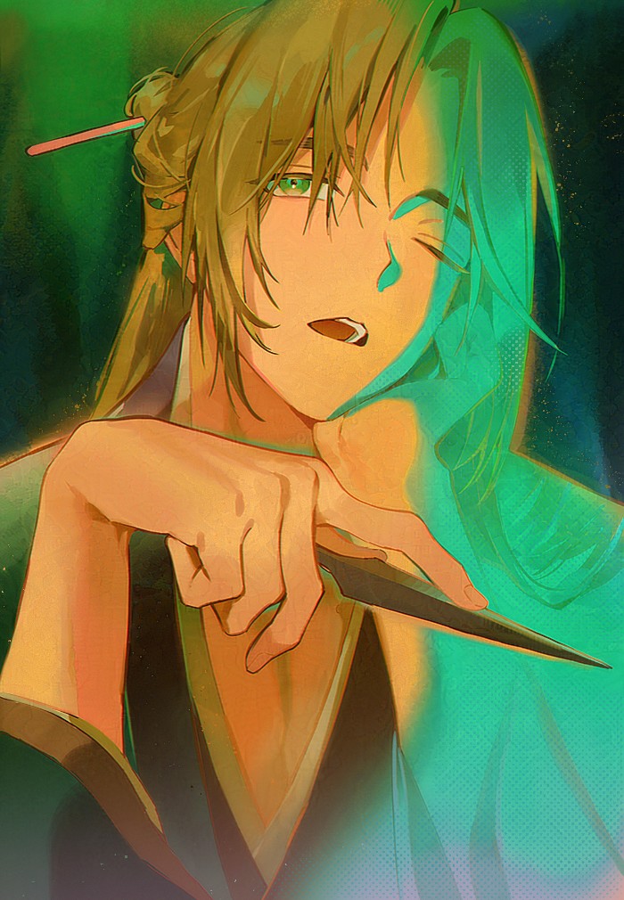 1boy, black_hanfu, chinese_clothes, green_eyes, green_robe, hair_bun, hair_ornament, hair_stick