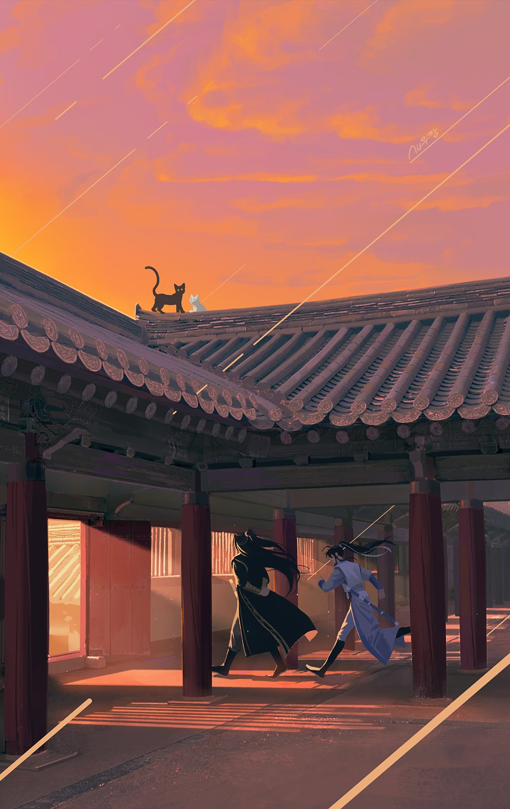 2boys, ahoge, architecture, arms_behind_back, black_boots, black_hair, black_hanfu, boots
