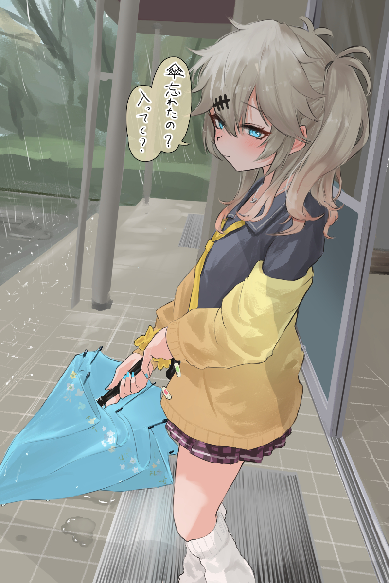 1girl, black_shirt, blue_eyes, blue_nails, brown_hair, building, closed_mouth, collared_shirt