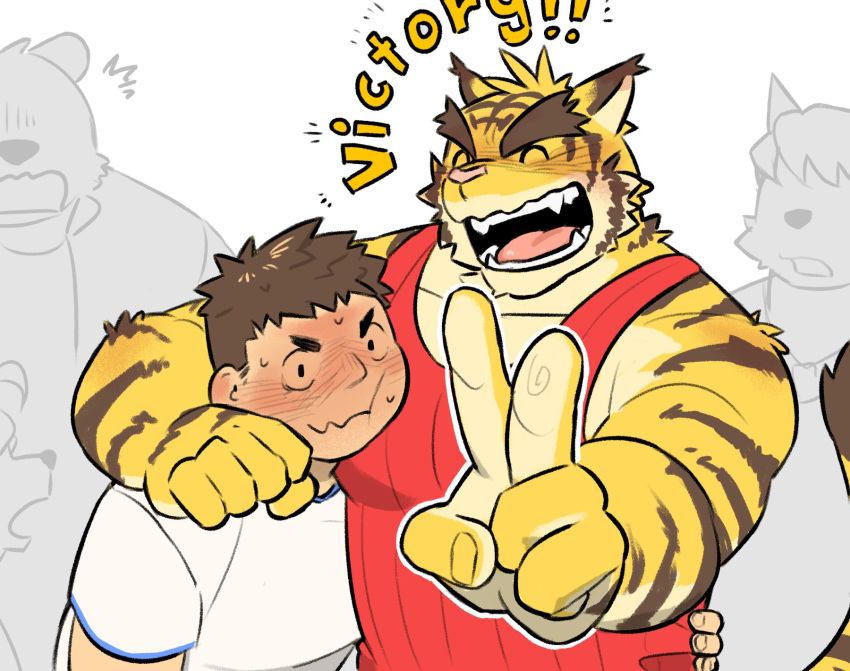 5boys, animal_ears, bear_boy, bear_ears, blush, closed_eyes, commentary_request, dated_commentary, dog_boy, dog_ears, facing_viewer, fangs, furry, furry_male, highres, juuichi_mikazuki, korean_commentary, kouya_aotsuki, male_focus, morenatsu, multiple_boys, open_mouth, peula_(pteragon), red_shirt, red_tank_top, shirt, shun_kodori, sleeveless, sleeveless_shirt, surprised, tail, tank_top, tiger_boy, tiger_ears, tiger_stripes, tiger_tail, torahiko_oshima, upper_body, v, wavy_mouth, white_background, white_shirt, wolf_boy