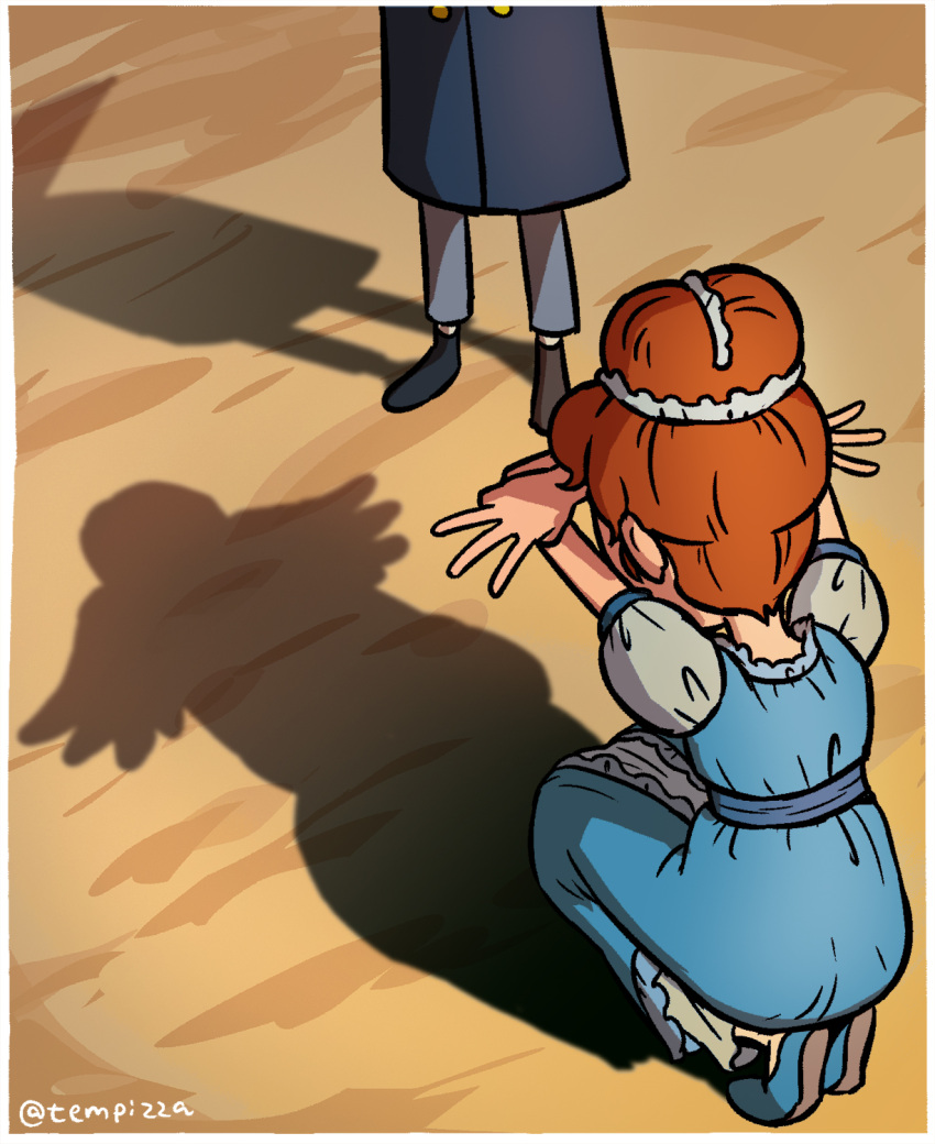 1boy, 1girl, beatrice_(over_the_garden_wall), bird_shadow_puppet, black_shoes, blue_cape, blue_dress, blue_pants