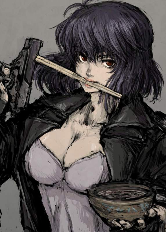 breasts, bust, chopsticks, cleavage, fingerless_gloves, food, ghost_in_the_shell, ghost_in_the_shell_stand_alone_complex, gloves, gun, handgun, jacket, kusanagi_motoko, large_breasts, lipstick, moto_murabito, mouth_hold, pistol, purple_hair, ramen, red_eyes, seburo_m5, short_hair, solo, traditional_media, weapon
