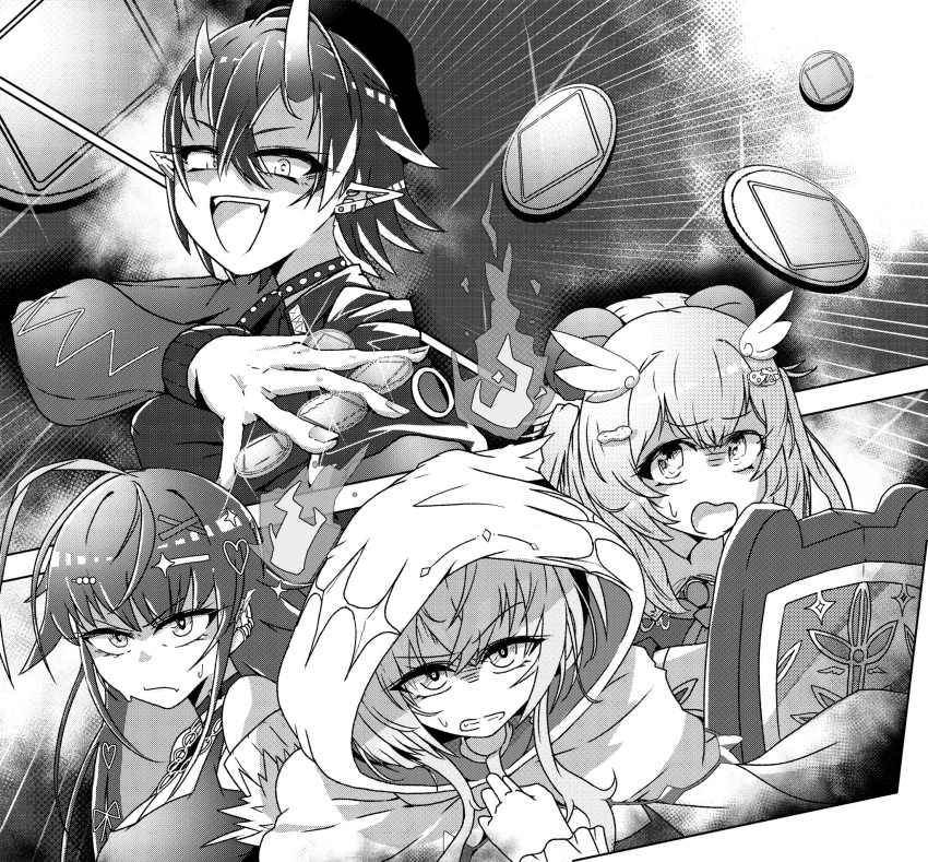 4girls, :d, ahoge, amatsuna_sasaha, animal_ears, bane_mk-2, commentary_request, connect_four, crossed_bangs, frown, greyscale, hair_between_eyes, hair_ornament, heart, heart_hair_ornament, highres, hitodama, holding, holding_shield, hood, hood_up, kasukane_shino, long_hair, looking_at_viewer, monochrome, multiple_girls, nanashi_inc., open_mouth, panda_ears, panda_girl, pointy_ears, ryugasaki_rene, ryugasaki_rene_(4th_costume), shield, shirt, short_hair, smile, upper_body, uruwashi_ririri, v-shaped_eyebrows, virtual_youtuber